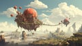 Surreal Fantasy with Floating Steampunk City, Airships Amongst Clouds and Mountains Royalty Free Stock Photo