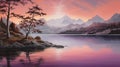 A captivating scene of a mountain lake at dawn, the first light of sunrise casting a gentle glow on the water, AI-generated