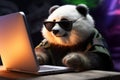 Captivating scene, panda wears glasses, mouth open, engrossed in laptop