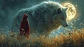 Enigmatic Red Cloak and the Giant Wolf Under the Moon Royalty Free Stock Photo