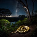 Nighttime Majesty: Reticulated Python Moving Through Moonlit Forest Shadows