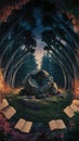 A captivating scene set in a hidden clearing deep within a dense forest during twilight