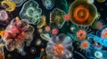 A captivating scene showcasing a colorful dance of various protozoa species each adorned with magnificent patterns and