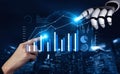Futuristic Interaction Between Human Hand and Robotic Hand with Data Visualization and Global Concept on a Dark Royalty Free Stock Photo