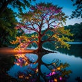 A captivating scene of a tree illuminated with a spectrum of colors