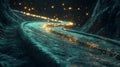 A captivating scene of twisting data threads and glowing particles in a dark environment