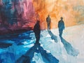 People with long shadows on the background of watercolor.