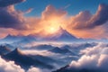 cloudy sunset mountain peaks poke out of the clouds in mountains pathways Royalty Free Stock Photo