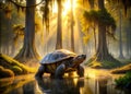 Mystical Swamp Creature: Ancient Turtle-Like Reptile Emerges from Misty Cypress Forest Bathed in Golden