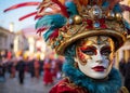 A Captivating Scene from the Venice Carnival An Elaborate Mask Adorned with Jewels and Vibrant Feathers