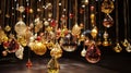 A captivating scene where delicate tree baubles hang from thin threads, creating the 3-dimensional shape of a Christmas tree.
