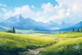 Captivating scenery showcasing lush green hills and majestic mountains under a clear blue sky. Perfect for nature, trave Royalty Free Stock Photo