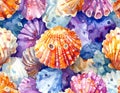 Vibrant Watercolor Seashells Seamless Pattern with Diverse Colors and Textures Royalty Free Stock Photo