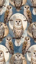 Barn Owls Perched on Branches Against a Full Moon Sky Seamless Pattern Royalty Free Stock Photo