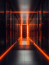 A Captivating Server Room with Rows of Black Cabinets and Orange Lights