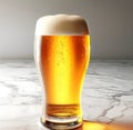 A captivating shot of beer atop a beautiful white marble surface.