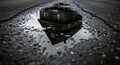 House Reflection in Puddle - Textured Asphalt, Atmospheric Scene Royalty Free Stock Photo
