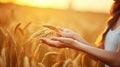 Captivating Shot of a Female Farmer\'s Hand in a Sun-Kissed Wheat Field. Generative AI