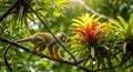 Squirrel Monkey Gazing at a Vibrant Bromeliad in the Lush Tropical Rainforest Canopy Royalty Free Stock Photo