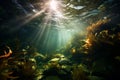 A captivating shot of sunlight filtering through the dense kelp canopy underwater, creating mesmerizing patterns of light and