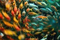 A captivating sight of a large group of fish swimming together in a lively aquarium, A multi-colored school of tetras spiraling in