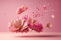 Pink flowers and flying petals on pink background