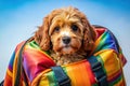 Adorable Cavapoo Puppy in a Colorful Backpack A Stylish Silhouette Portrait Perfect for Pet Fashion Enthusiasts Royalty Free Stock Photo