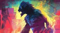 Generative AI, Shadowy Silhouette a werewolf against a colorful, vibrant background