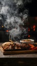 Captivating smoke envelops a scene of delectable restaurant BBQ food