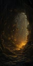 Enchanting Fairy Tunnel: A Dark Gold And Amber Illuminated Cave Painting