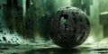 A captivating spherical structure embodies a data matrix, surrounded by a shifting digital terrain. Patterns flow and