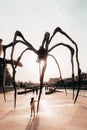 A captivating spider sculpture in Bilbao, its metal legs reaching out as a little girl finds wonder and fascination in its