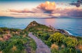 Captivating spring view of Milazzo cape. Perfect sunrise on nature reserve Piscina di Venere, Sicily, Italy, Europe. Picturesque m Royalty Free Stock Photo