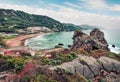 Captivating spring view of Pelekas beach. Exciting morning seascape of Ionian Sea. Wonderful landscape of Corfu island, Royalty Free Stock Photo