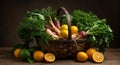 Colorful wicker basket overflowing with fresh organic vegetables and zesty citrus fruits. Royalty Free Stock Photo