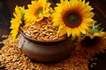 Captivating still life composition. sunflower and seeds against a soft yellow background Royalty Free Stock Photo