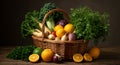 Overflowing wicker basket with a diverse selection of fresh organic vegetables and citrus. Royalty Free Stock Photo
