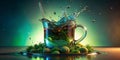 A Stunning Still Life Water Splashing Glass Mug Floating 3D Objects and Earthy Tones Featuring a Mossy Stone Royalty Free Stock Photo