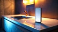 SmartphonePowered Cooking Tech in a Modern Bathroom Vanity Futuristic Digital Cooking Concept Photography Royalty Free Stock Photo