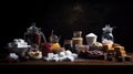 A captivating still life of various sugars elegantly arranged on a dark wooden table, with crystals glistening under