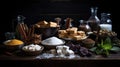 A captivating still life of various sugars elegantly arranged on a dark wooden table, with crystals glistening under