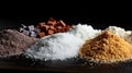 A captivating still life of various sugars elegantly arranged on a dark wooden table, with crystals glistening under