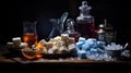 A captivating still life of various sugars elegantly arranged on a dark wooden table, with crystals glistening under