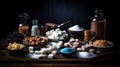 A captivating still life of various sugars elegantly arranged on a dark wooden table, with crystals glistening under