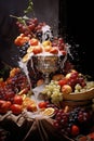 Milk, wine, champagne pouring down a prosperous banquet table. A rustic wood table with abundant food Royalty Free Stock Photo