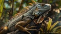 striking closeup of a colorful iguana resting atop a tree in its lush jungle habitat Royalty Free Stock Photo