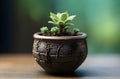 tiny green plant in classic flowerpot close-up macro photograph