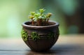tiny green plant in classic flowerpot close-up macro photograph