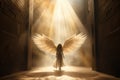 Silhouette of a angelical woman walking towards the light. Life after death concept. God light rays. Misty and foggy. Royalty Free Stock Photo