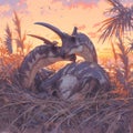 Elegant Dinosaur Duo: An Emotional Sunset Encounter